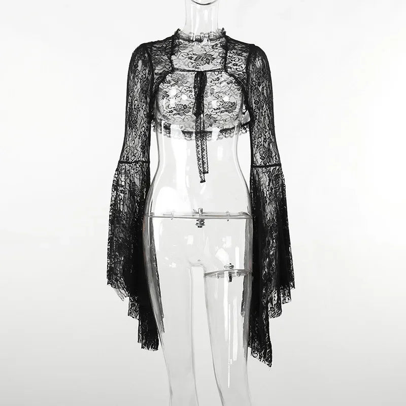 Lobovootd Gothic Lace Mesh Shrug Cardigan – Long Sleeve Cropped Top for Cosplay, Harajuku, and Streetwear Fashion