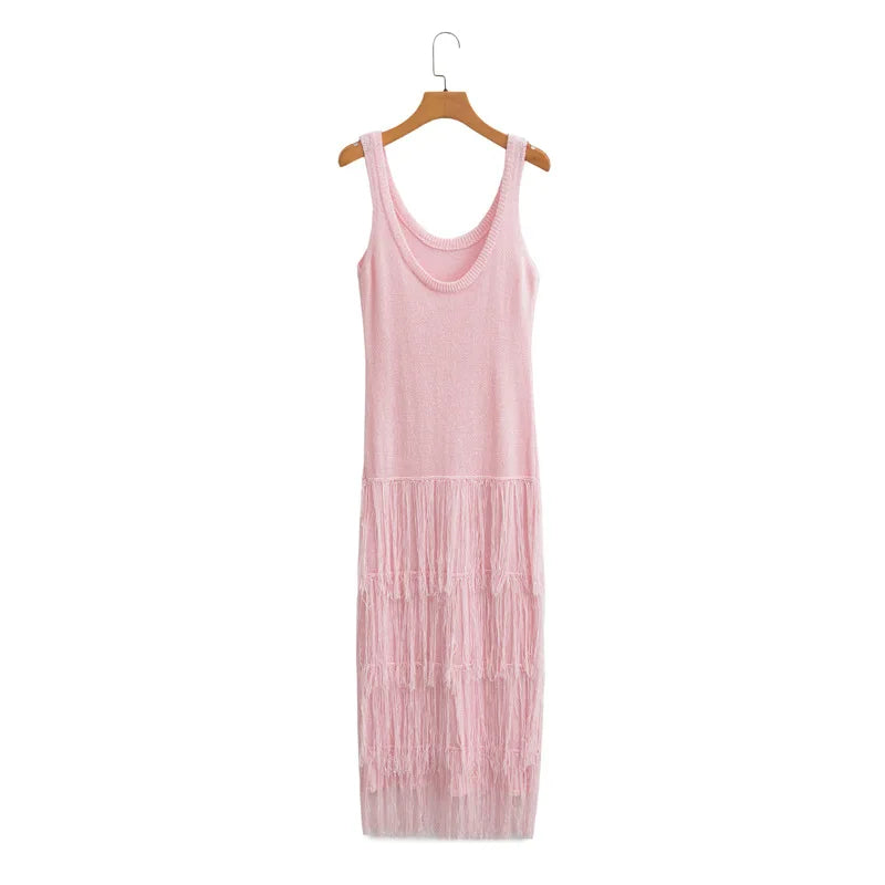 Vintage Knitted Tassel Dress – Elegant Backless U-Neck Long Maxi Dress for Women