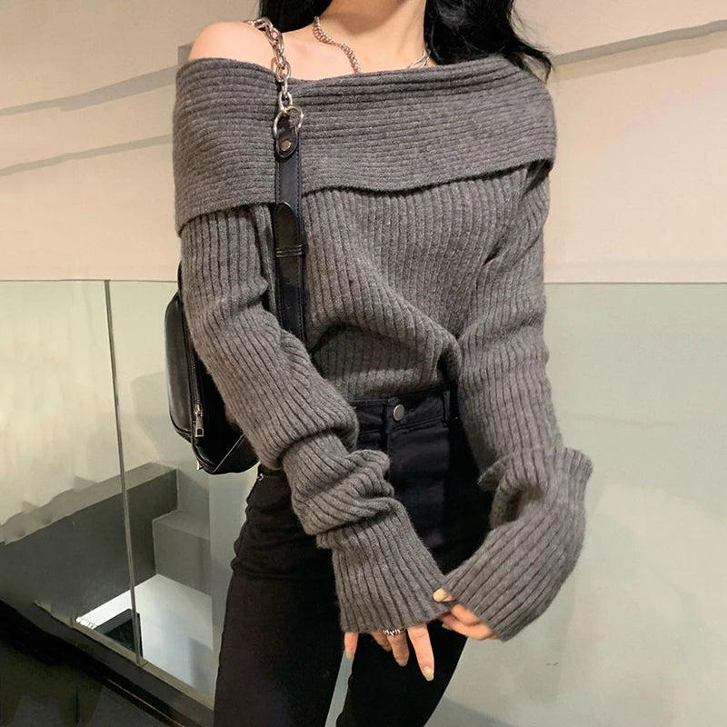 Lucyever Women’s Slash Neck Knitted Sweater – Sexy Off-Shoulder Slim Fit Long Sleeve Pullover, Korean Elegant Thick Jumper for Autumn/Winter