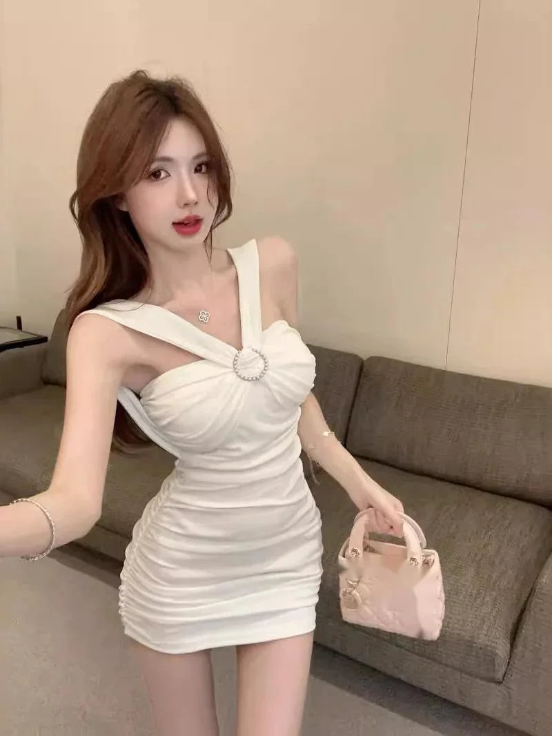 Mature Women Mini Dress White Pure Slim Sexy Strapless Dress Dress Elegant Bow Fashion Sweet Women Tops 2024 New Summer 040E