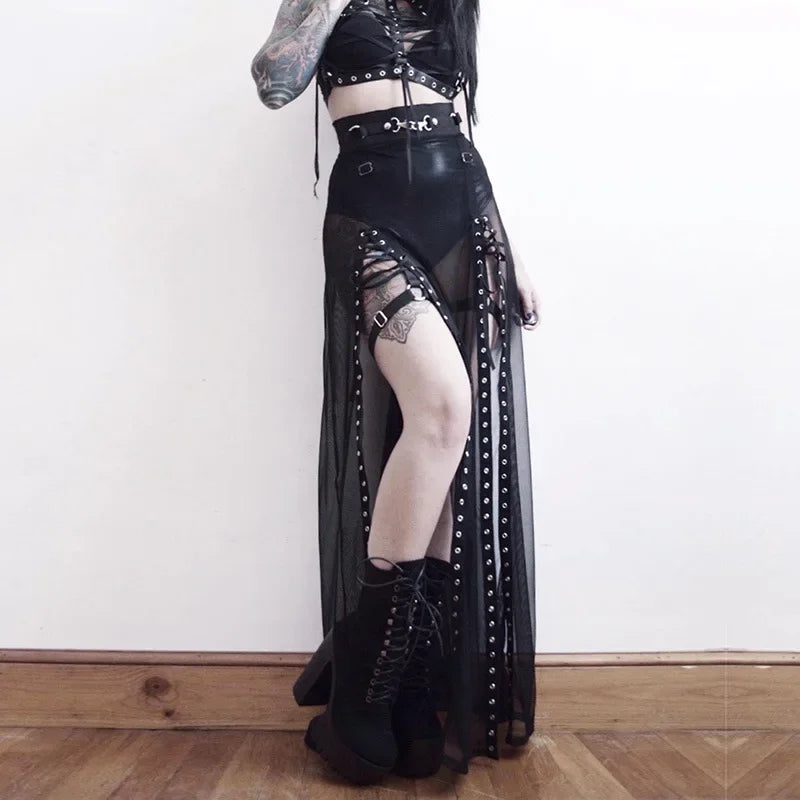 Women’s Goth Mesh Skirt – Side Slit, Lace-Up, Punk Gothic Dark Faldas, Thin Summer Look