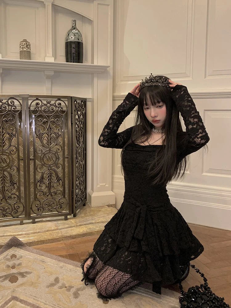 Gothic Black Lace Dress Women Y2K Fall Vintage Elegant Square Collar Purple Mini Dress Streetwear Sexy Slim Party Vestidos New