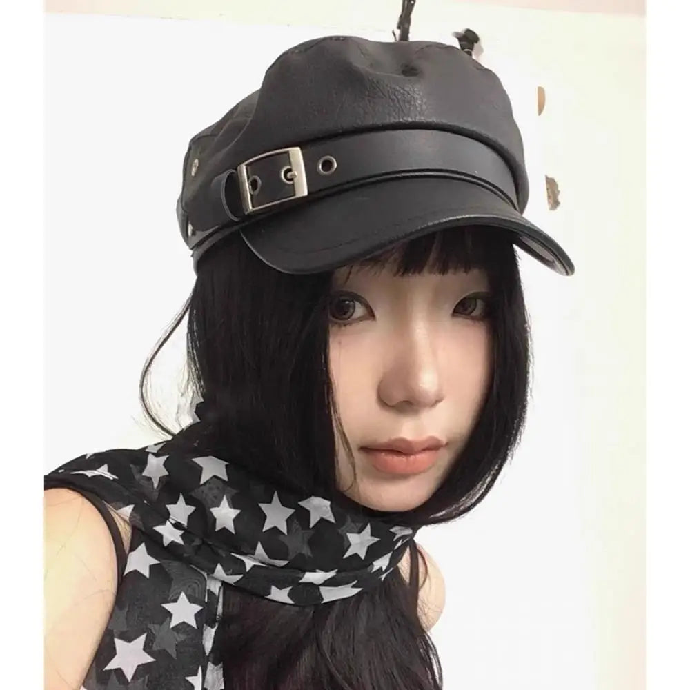Retro England Black Leather Cap – Women’s Vintage Painter Hat, Flat Newsboy & Military Style Outdoor Cap