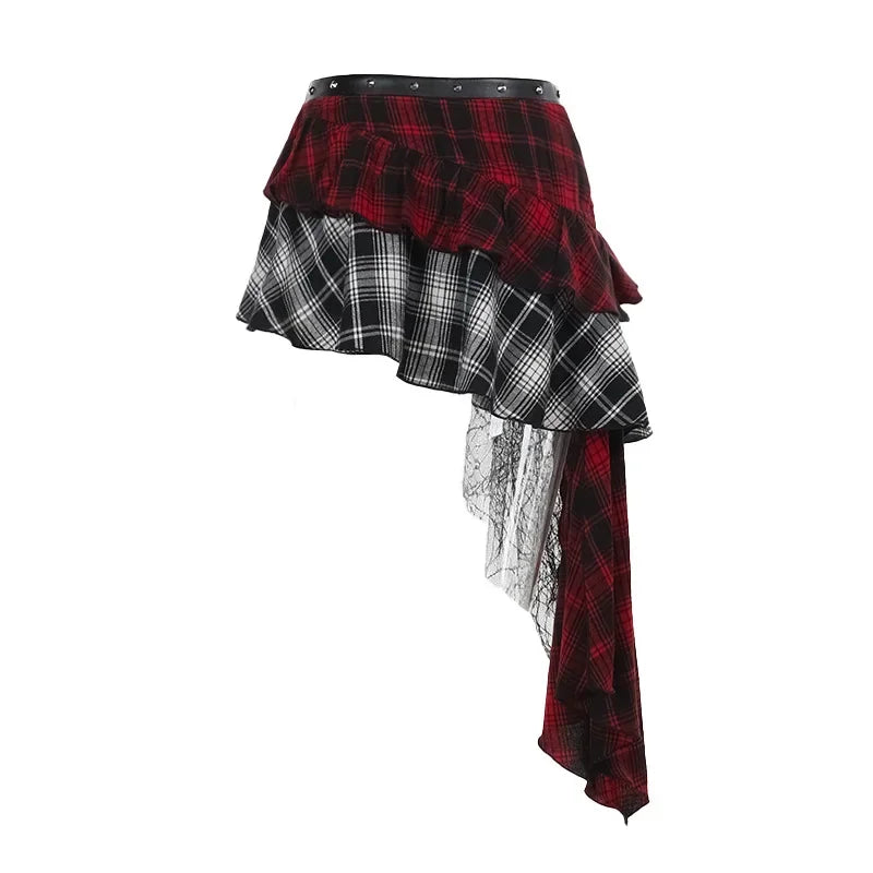 Gothic Plaid Mini Skirt – Y2K Punk Rock High Waist Irregular Skirt with Lace Detail