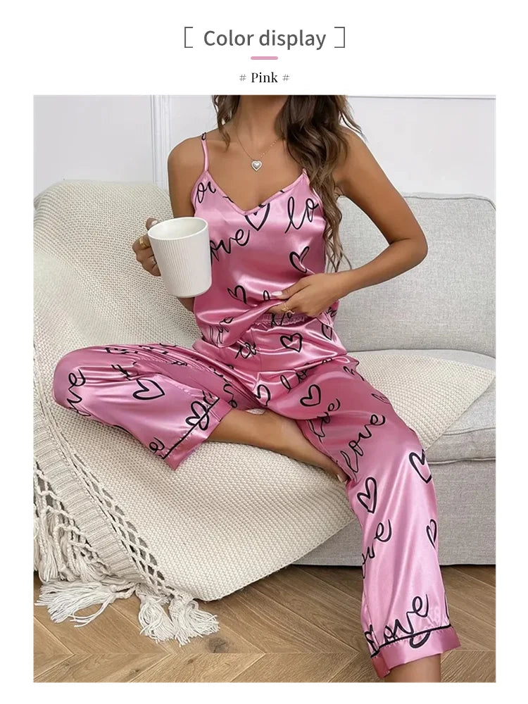Women Letter Print Satin Pajama Set Chic V-Neck & Backless Cami Tops and Pants Pyjama 2 Pieces Soft Women's Sleepwear Loungewear
