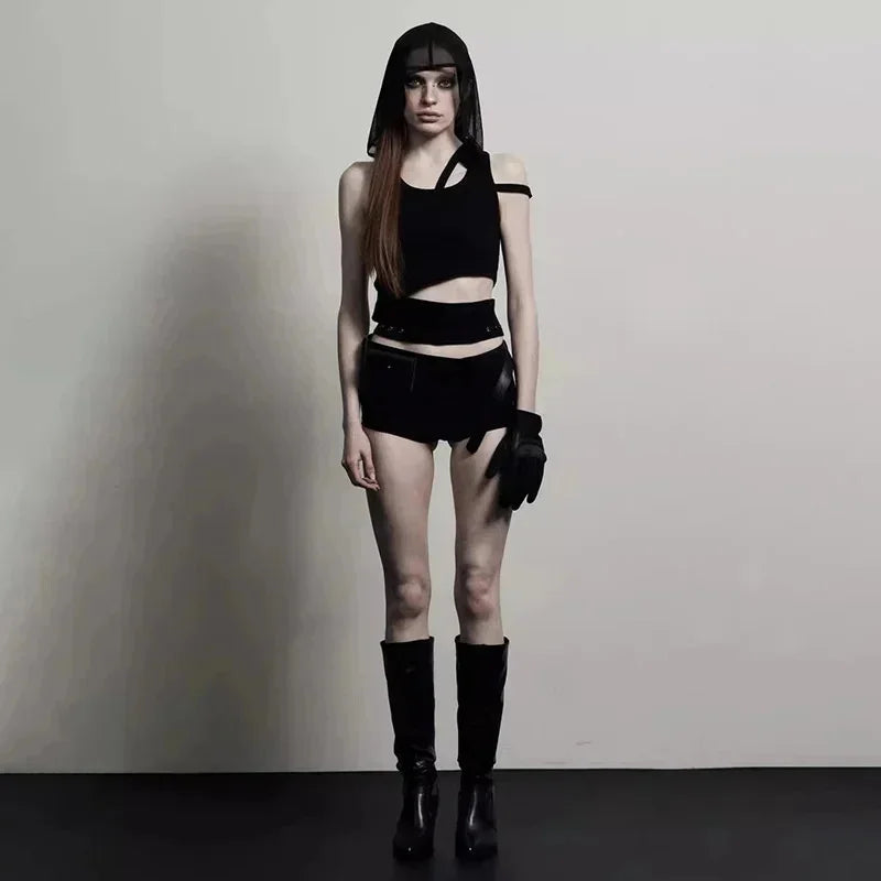 Edgy Punk Hooded Crop Top for Women – Street Fashion Sleeveless Tee, New 2025 Style