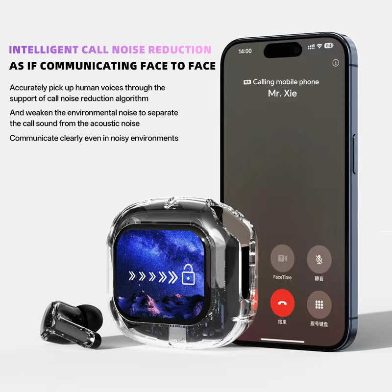 Translation Headphones with Touch Screen Wireless Bluetooth 5.4 Smart Earphone HiFi Audio High Quality Transparent Case Headset
