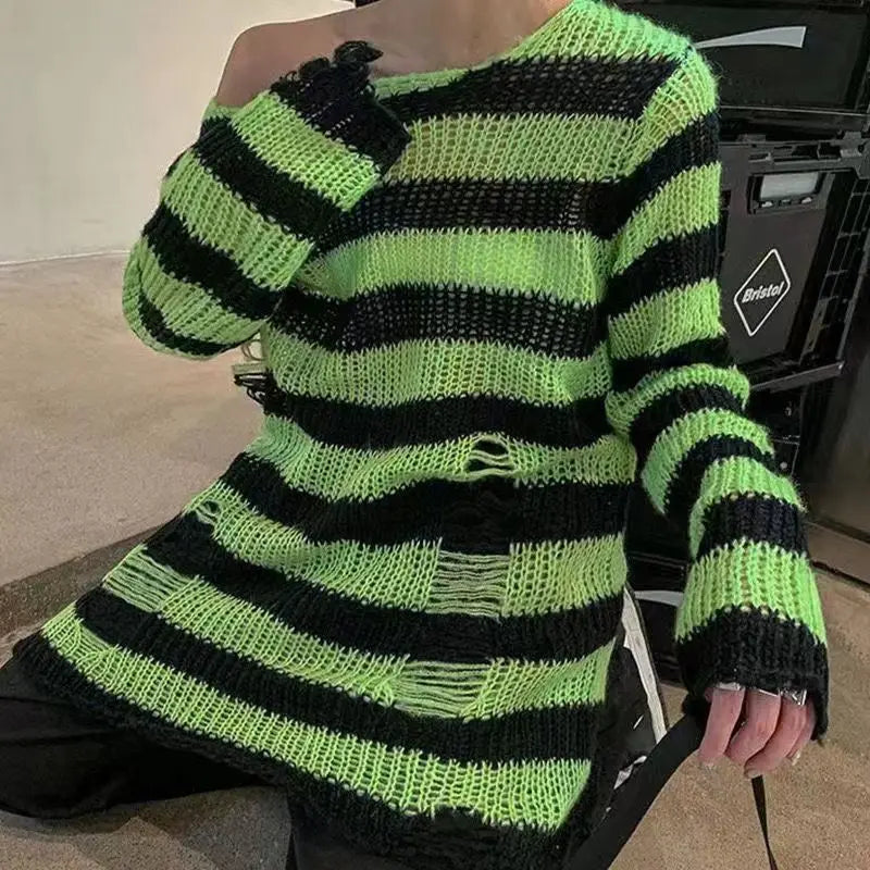 Punk Rock Distressed Sweater – Loose Striped Knit Pullover, Gothic Fashion