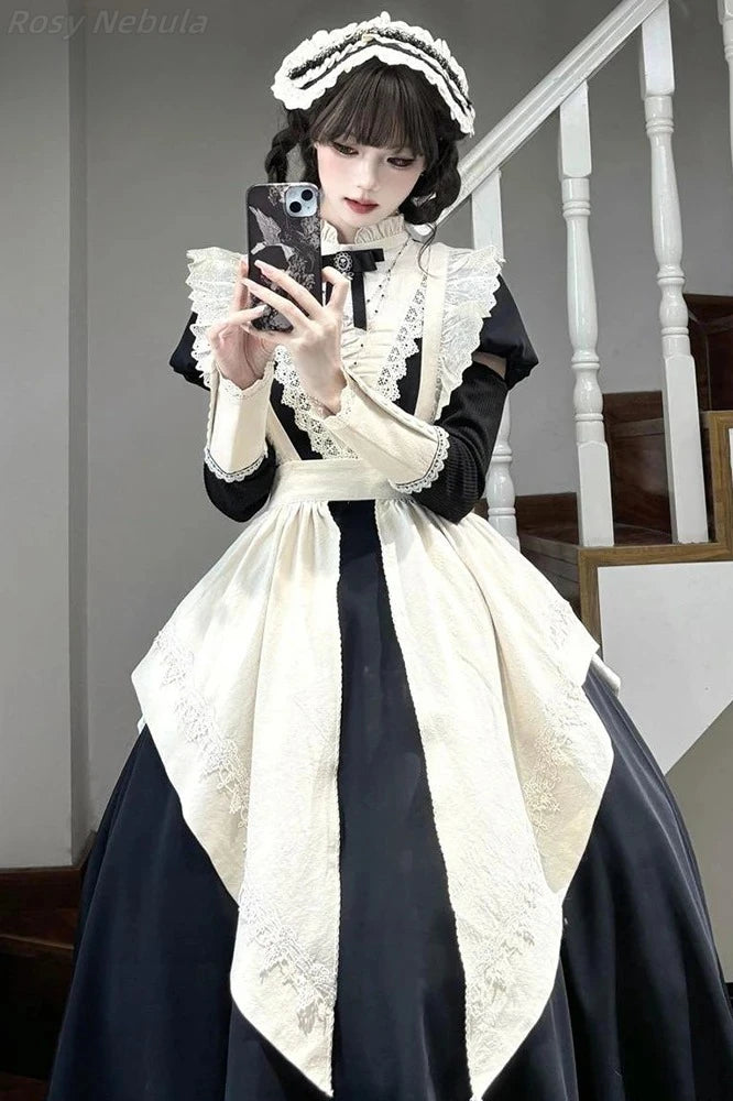 2025 Spring New Black Gothic Premium Bubble Long Sleeve Lolita Dress Female Japanese Maid Apron Long Dress Two-piece Sets Women