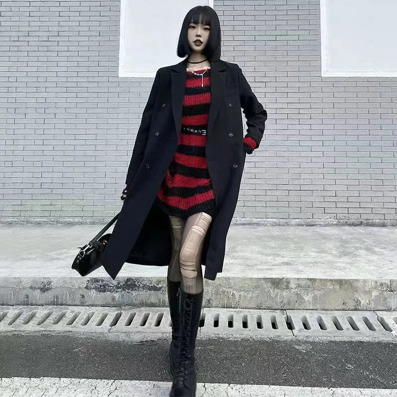 Punk Rock Distressed Sweater – Loose Striped Knit Pullover, Gothic Fashion
