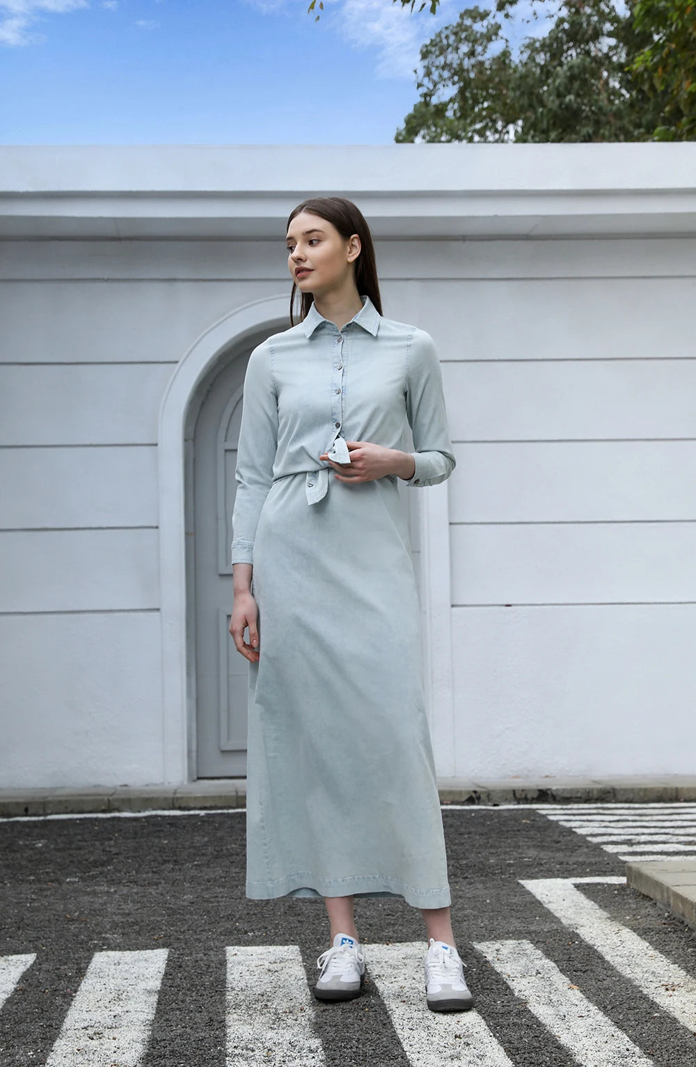 SOUTH TAO Lightweight Denim Wrap Blouse & Slip Dress – Women’s Ankle-Length A-Line Dress with Spaghetti Straps, Casual Spring Outfit