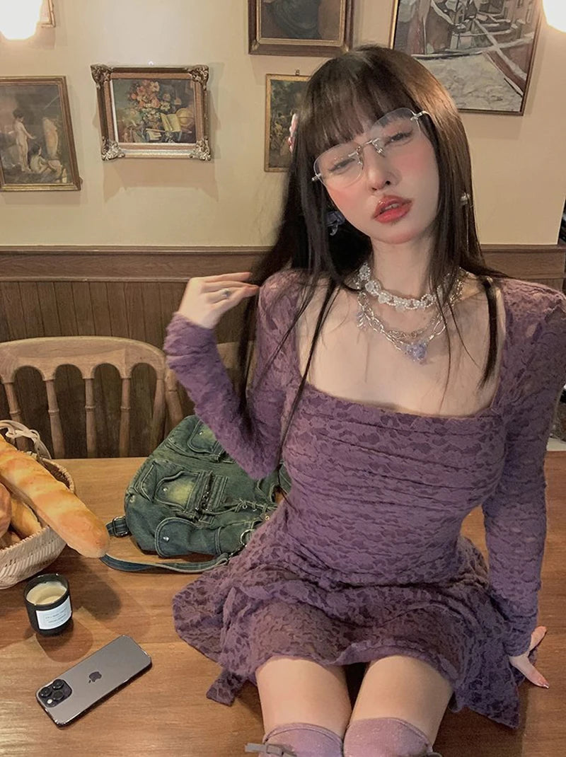 Gothic Black Lace Dress Women Y2K Fall Vintage Elegant Square Collar Purple Mini Dress Streetwear Sexy Slim Party Vestidos New