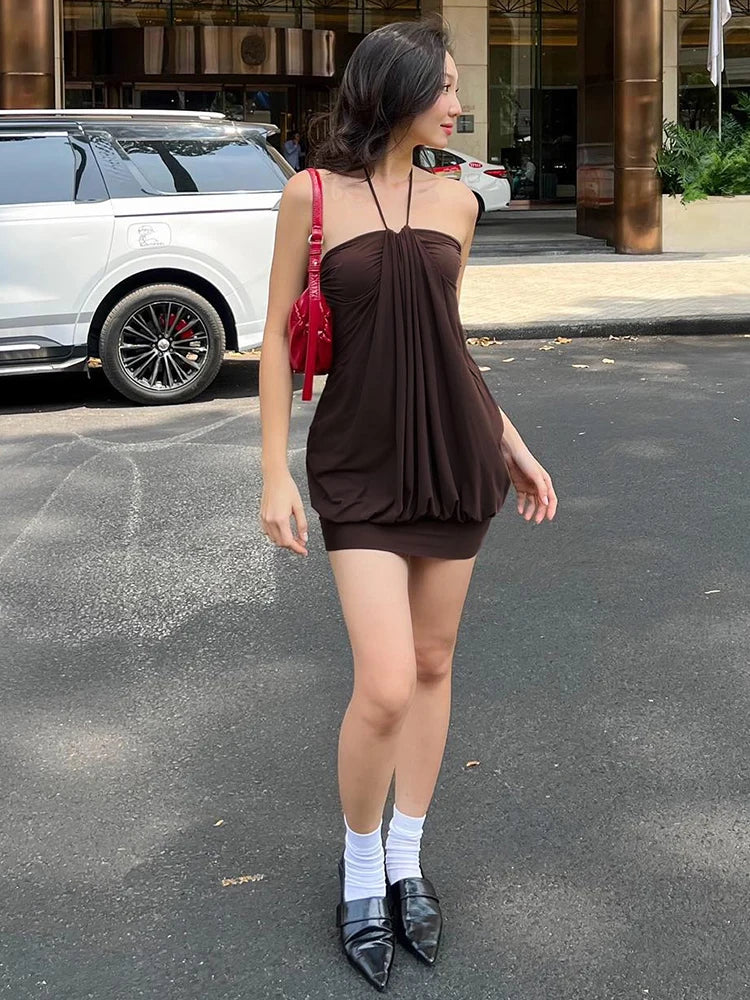 Dulzura Sexy Mini Halter Ruched Backless Short Dress Solid Sleeveless Women Dresses Summer Lady Party Birthday Club Clothes Y2K