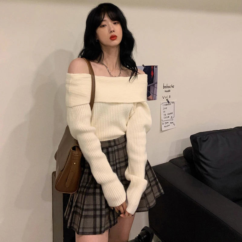 Lucyever Women’s Slash Neck Knitted Sweater – Sexy Off-Shoulder Slim Fit Long Sleeve Pullover, Korean Elegant Thick Jumper for Autumn/Winter