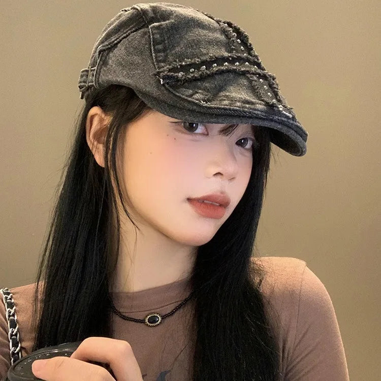 Women’s Retro Black Denim Beret – Vintage Washed Riveted Cap, Y2K Streetwear Fashion Hat for Girls