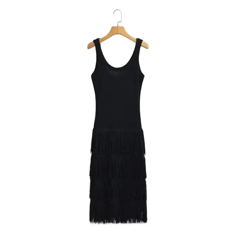 Vintage Knitted Tassel Dress – Elegant Backless U-Neck Long Maxi Dress for Women