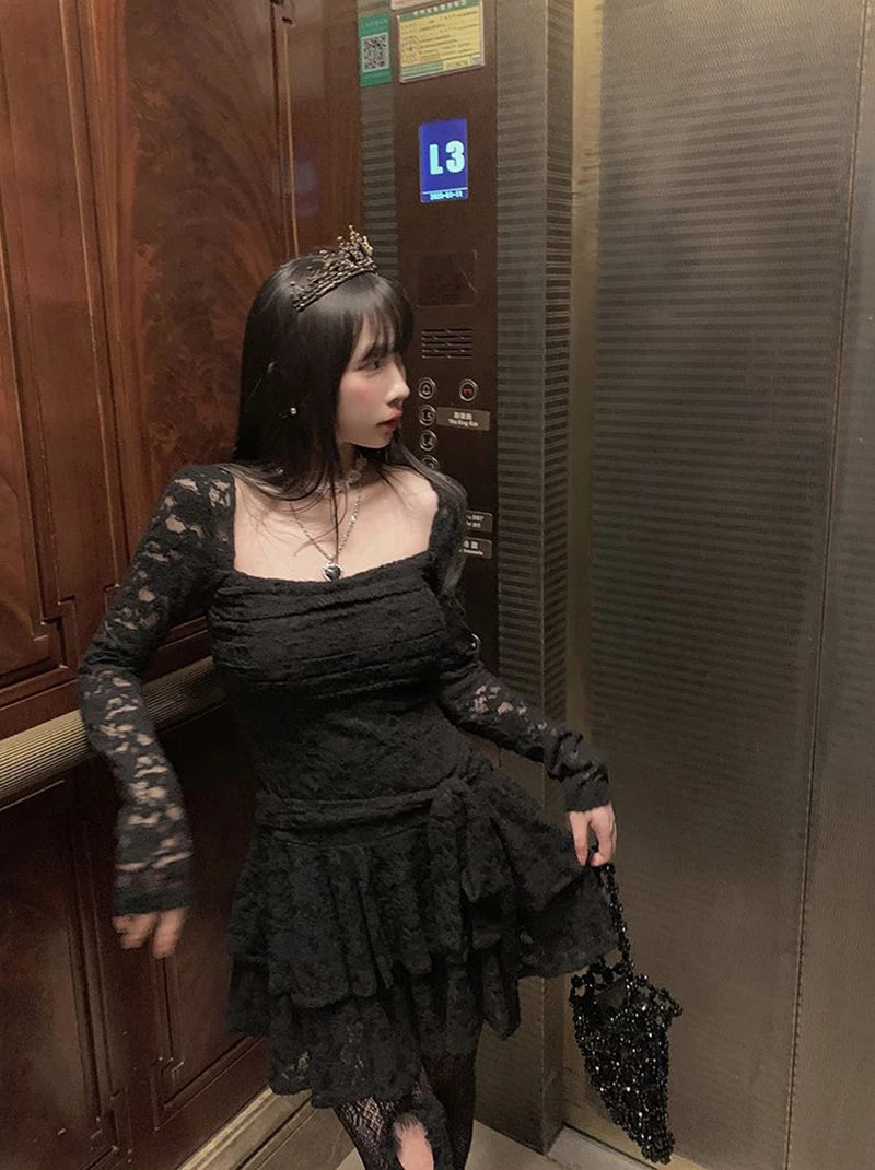 Gothic Black Lace Dress Women Y2K Fall Vintage Elegant Square Collar Purple Mini Dress Streetwear Sexy Slim Party Vestidos New