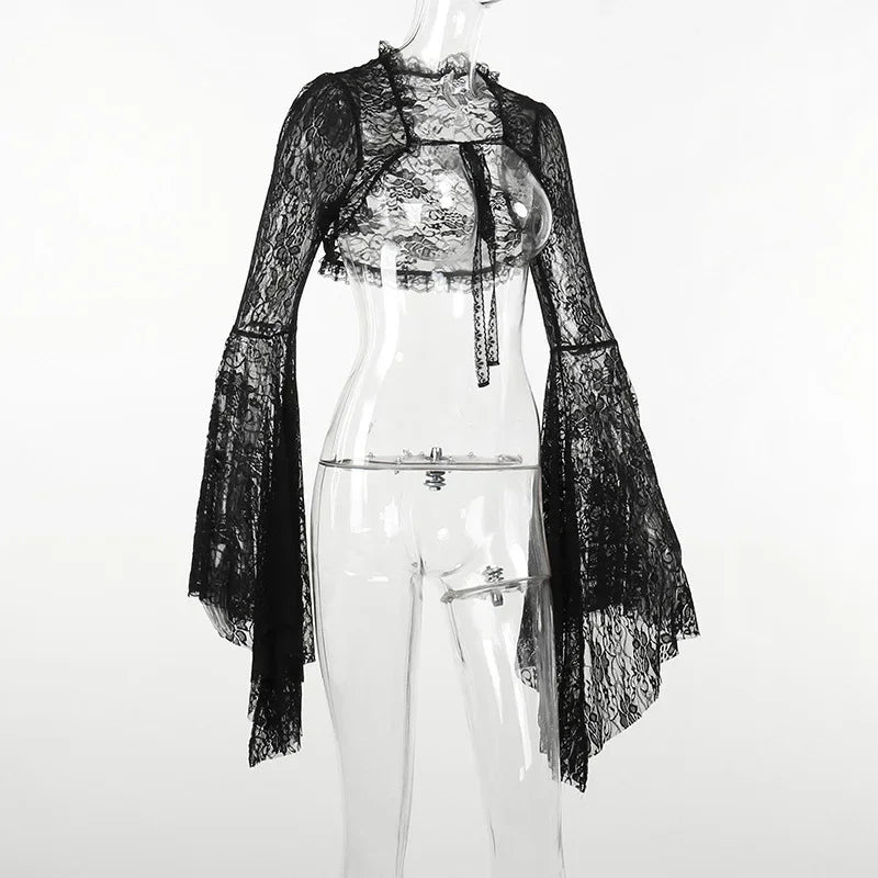 Lobovootd Gothic Lace Mesh Shrug Cardigan – Long Sleeve Cropped Top for Cosplay, Harajuku, and Streetwear Fashion