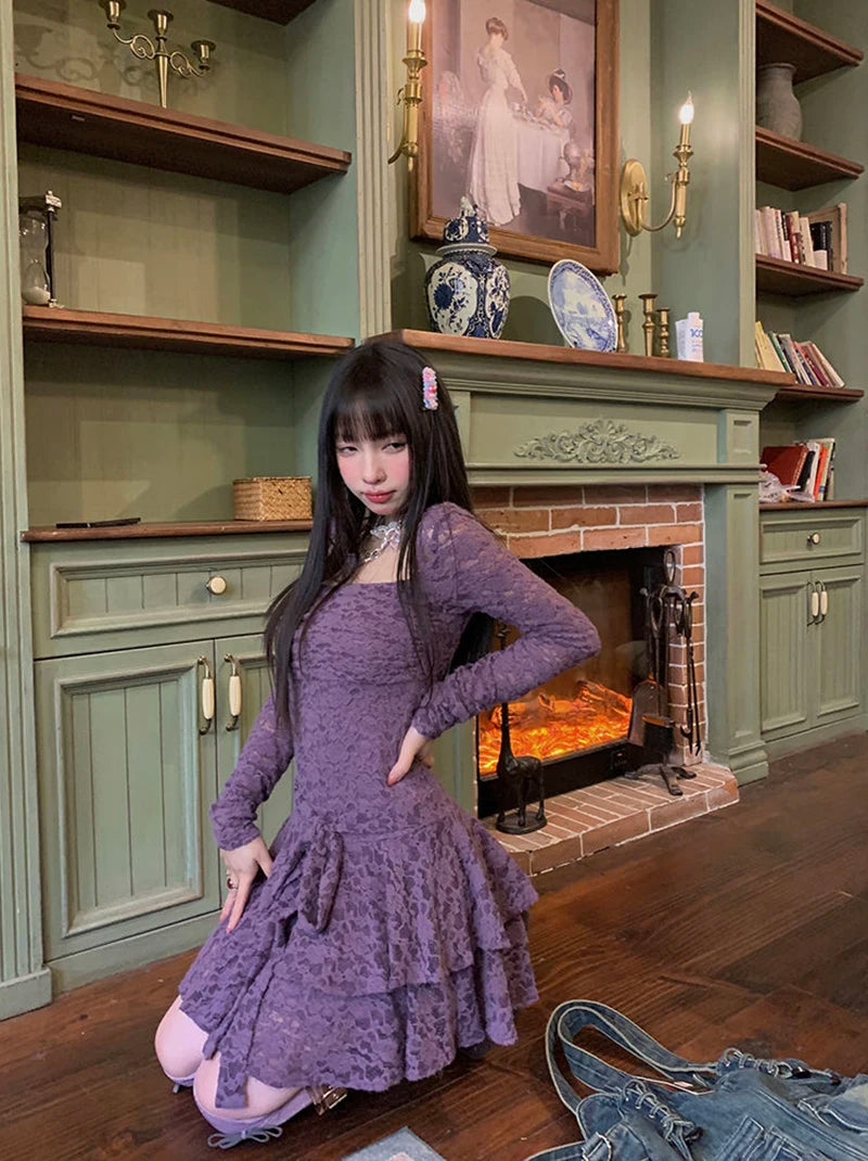 Gothic Black Lace Dress Women Y2K Fall Vintage Elegant Square Collar Purple Mini Dress Streetwear Sexy Slim Party Vestidos New