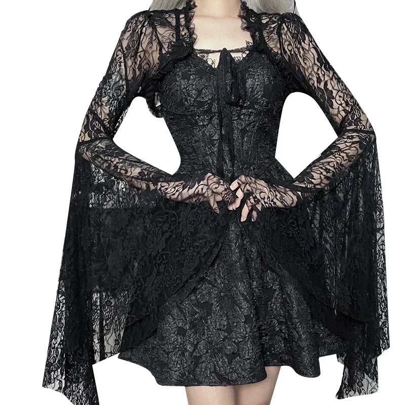 Lobovootd Gothic Lace Mesh Shrug Cardigan – Long Sleeve Cropped Top for Cosplay, Harajuku, and Streetwear Fashion