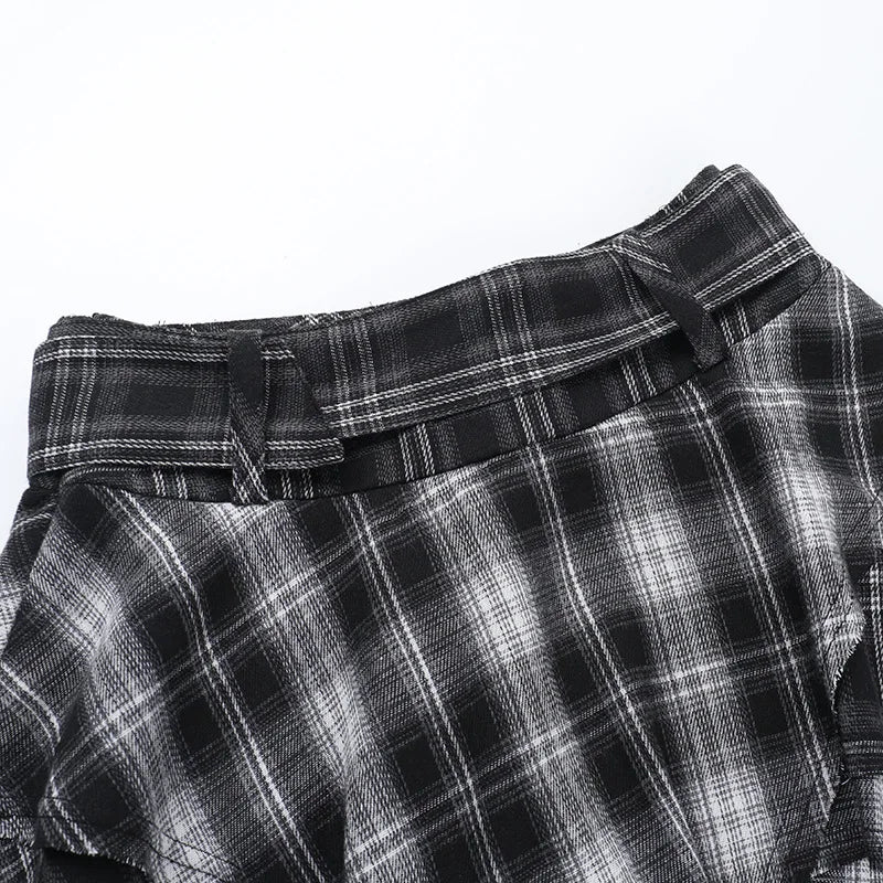 Dark Punk Goth Skirt – Irregular Hem, Plaid Pleated Mini, Women’s Y2K Streetwear Alt Fashion