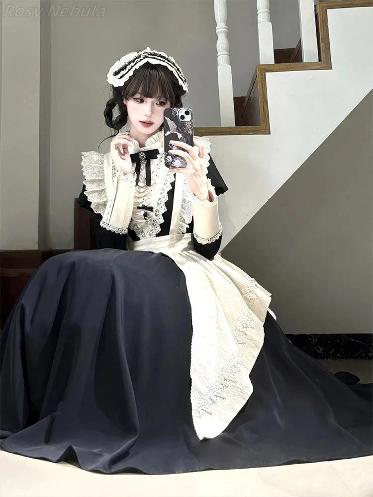 2025 Spring New Black Gothic Premium Bubble Long Sleeve Lolita Dress Female Japanese Maid Apron Long Dress Two-piece Sets Women