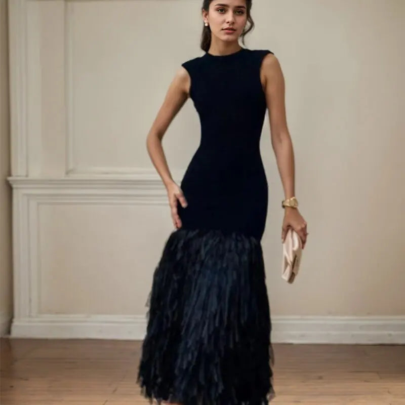 Vintage Knitted Tassel Dress – Elegant Backless U-Neck Long Maxi Dress for Women