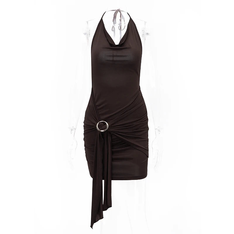 Y2K Brown Mini Dress – Low-Cut Backless Bandage Pleated A-Line Dress for Women