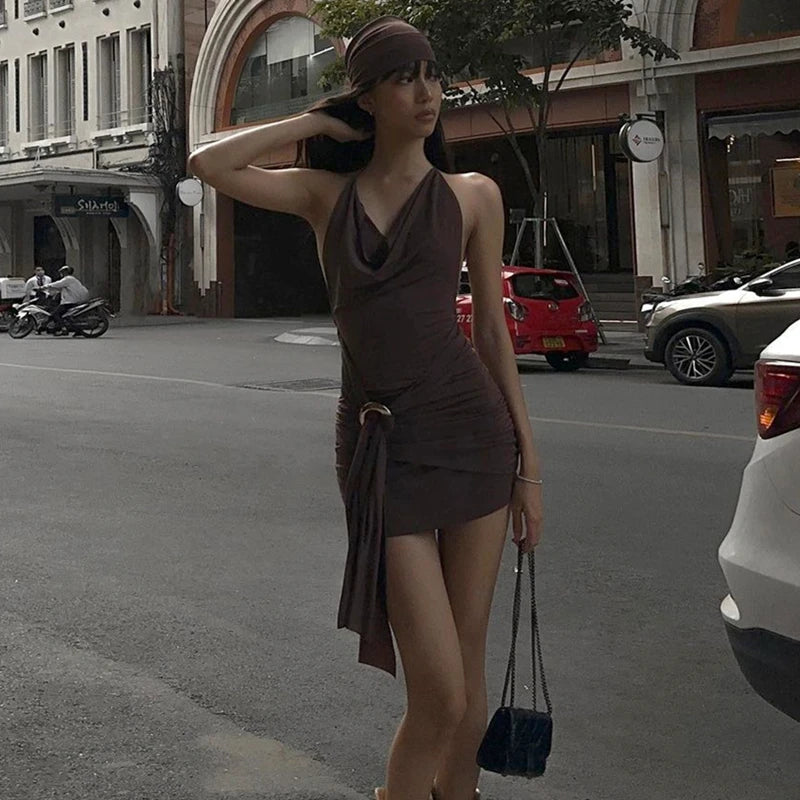 Y2K Brown Mini Dress – Low-Cut Backless Bandage Pleated A-Line Dress for Women