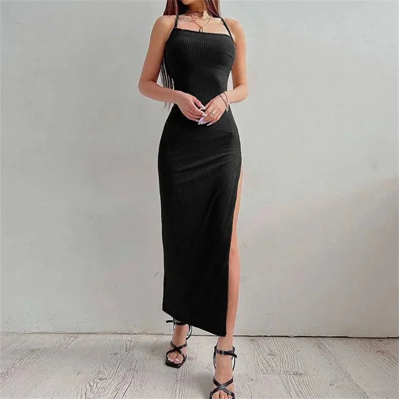 Sexy Maxi Bodycon Dress – Black Halter Spaghetti Strap Sleeveless Backless for Women