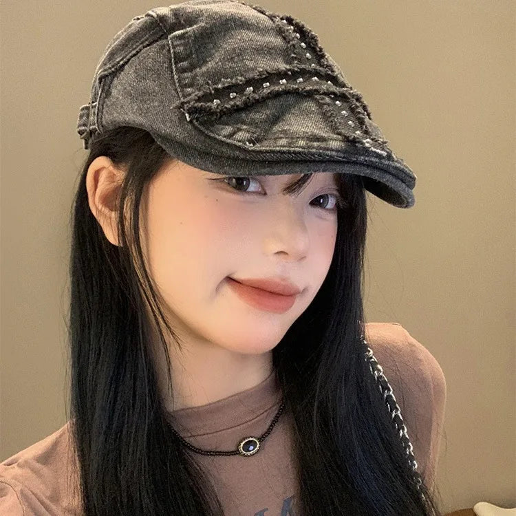 Women’s Retro Black Denim Beret – Vintage Washed Riveted Cap, Y2K Streetwear Fashion Hat for Girls