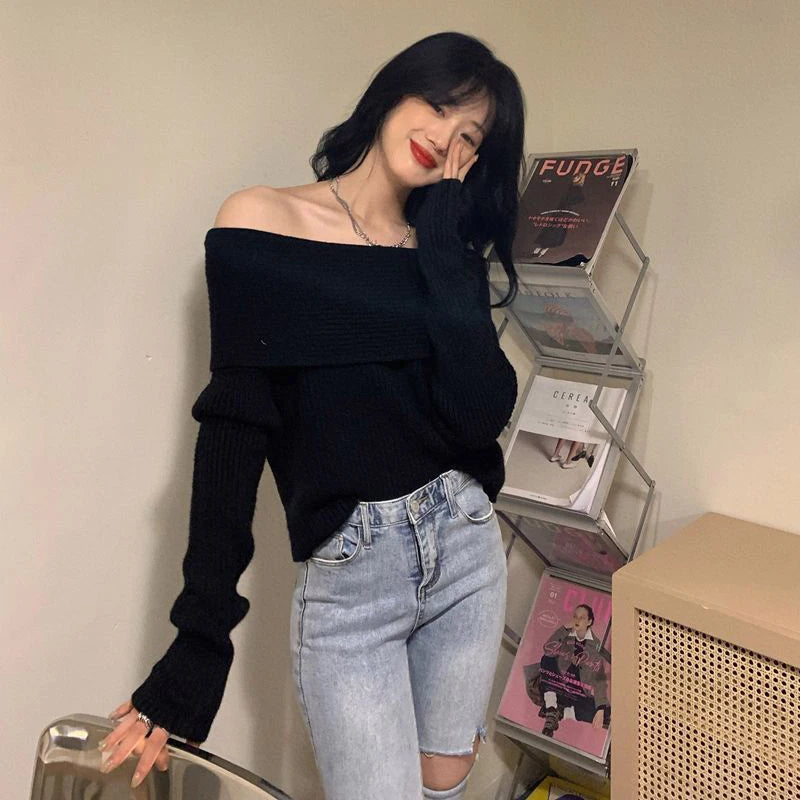 Lucyever Women’s Slash Neck Knitted Sweater – Sexy Off-Shoulder Slim Fit Long Sleeve Pullover, Korean Elegant Thick Jumper for Autumn/Winter