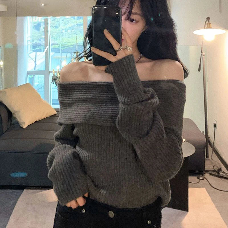 Lucyever Women’s Slash Neck Knitted Sweater – Sexy Off-Shoulder Slim Fit Long Sleeve Pullover, Korean Elegant Thick Jumper for Autumn/Winter