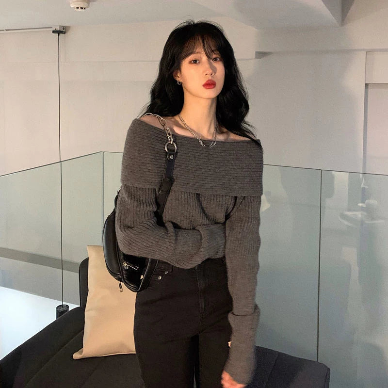 Lucyever Women’s Slash Neck Knitted Sweater – Sexy Off-Shoulder Slim Fit Long Sleeve Pullover, Korean Elegant Thick Jumper for Autumn/Winter