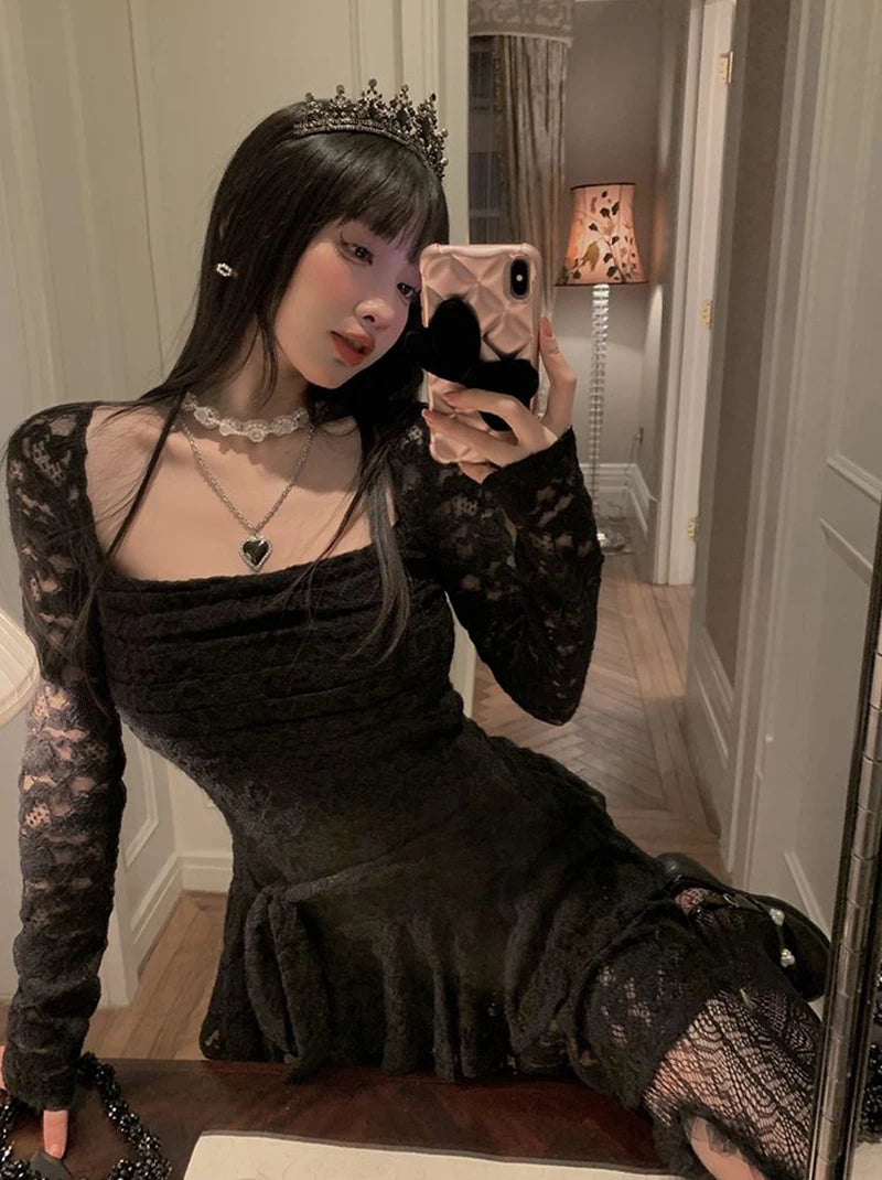 Gothic Black Lace Dress Women Y2K Fall Vintage Elegant Square Collar Purple Mini Dress Streetwear Sexy Slim Party Vestidos New