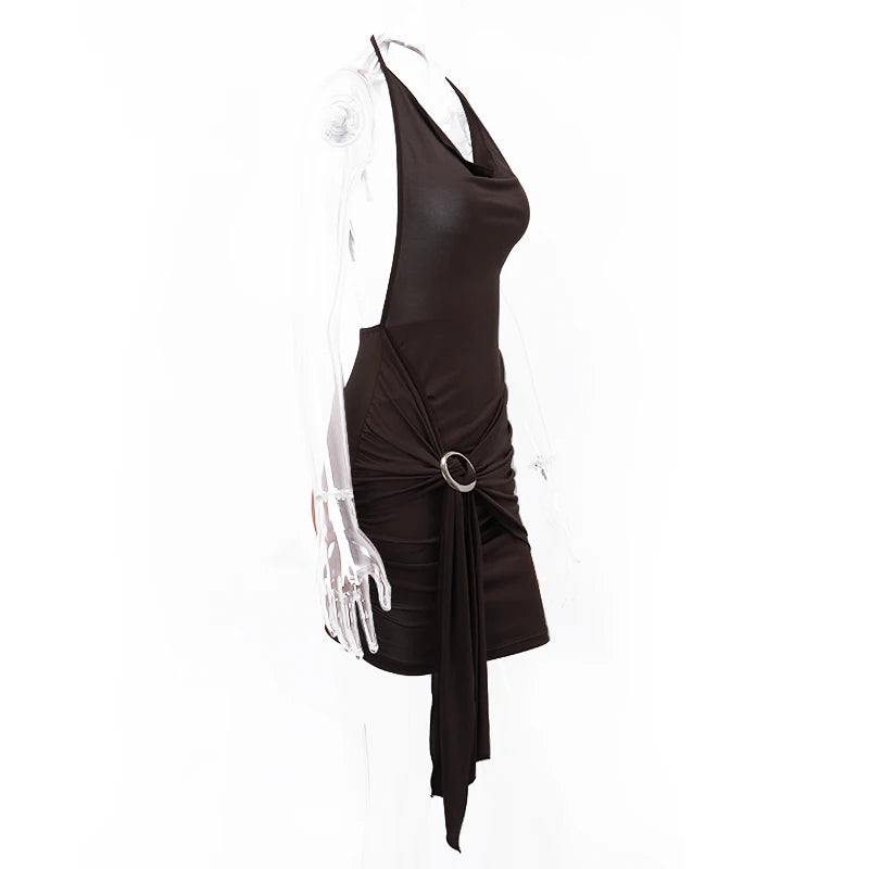 Y2K Brown Mini Dress – Low-Cut Backless Bandage Pleated A-Line Dress for Women