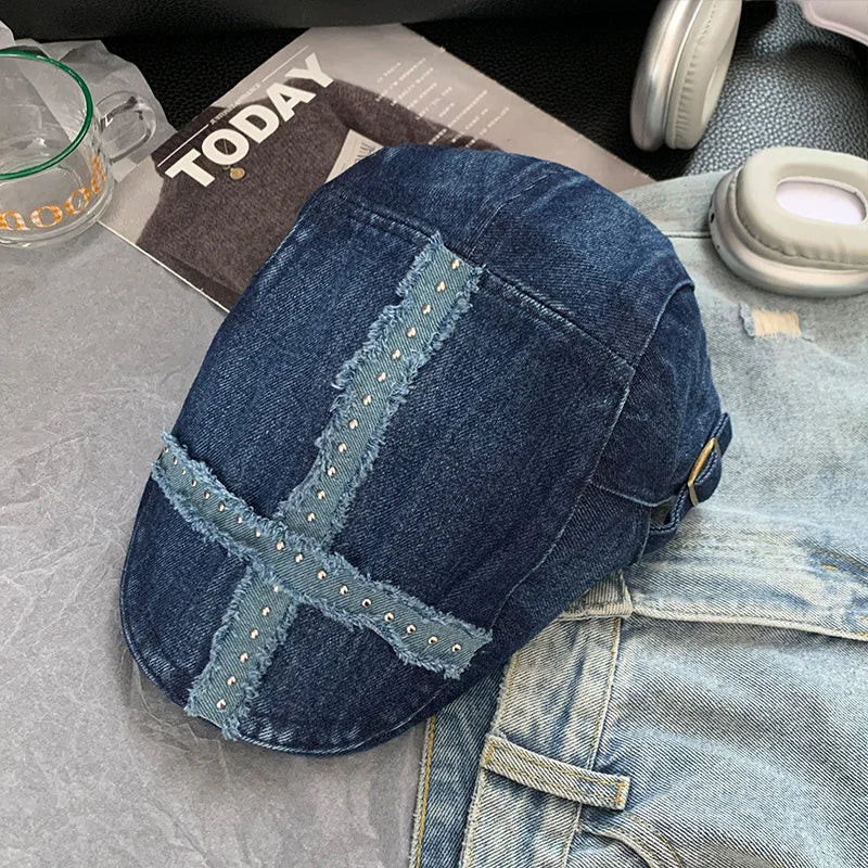 Women’s Retro Black Denim Beret – Vintage Washed Riveted Cap, Y2K Streetwear Fashion Hat for Girls