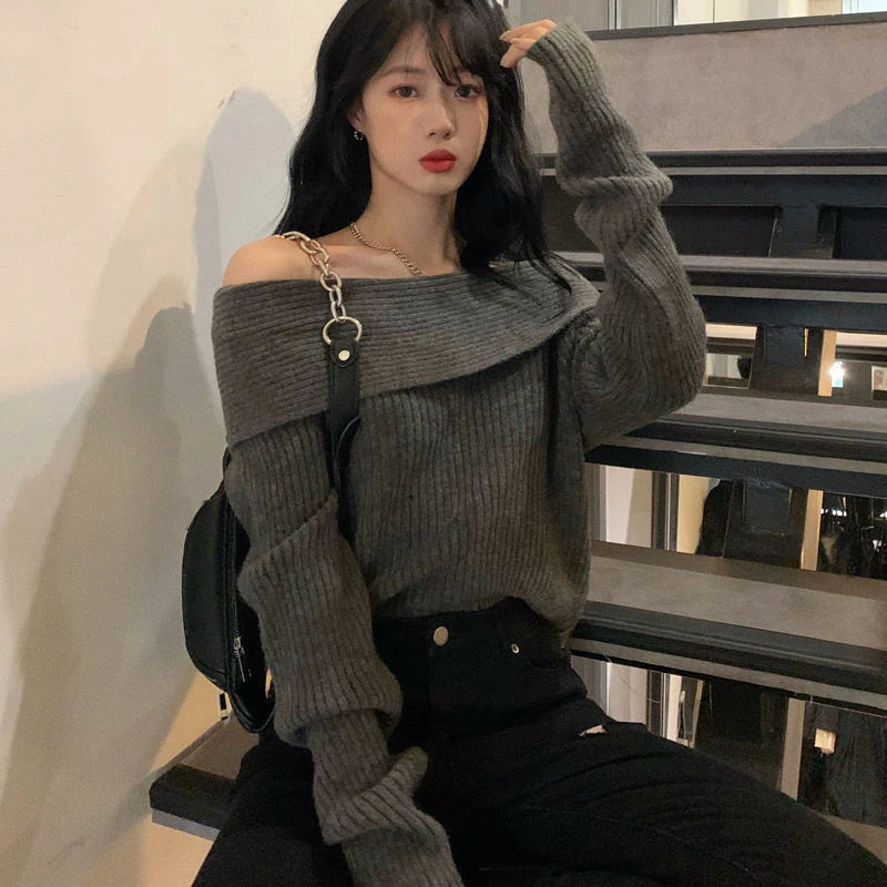 Lucyever Women’s Slash Neck Knitted Sweater – Sexy Off-Shoulder Slim Fit Long Sleeve Pullover, Korean Elegant Thick Jumper for Autumn/Winter