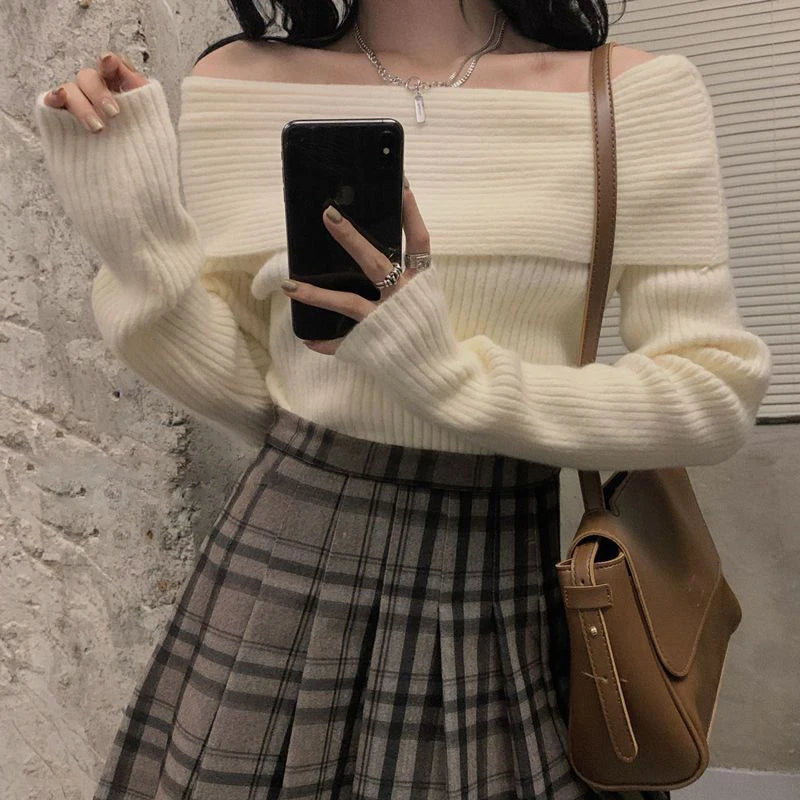 Lucyever Women’s Slash Neck Knitted Sweater – Sexy Off-Shoulder Slim Fit Long Sleeve Pullover, Korean Elegant Thick Jumper for Autumn/Winter