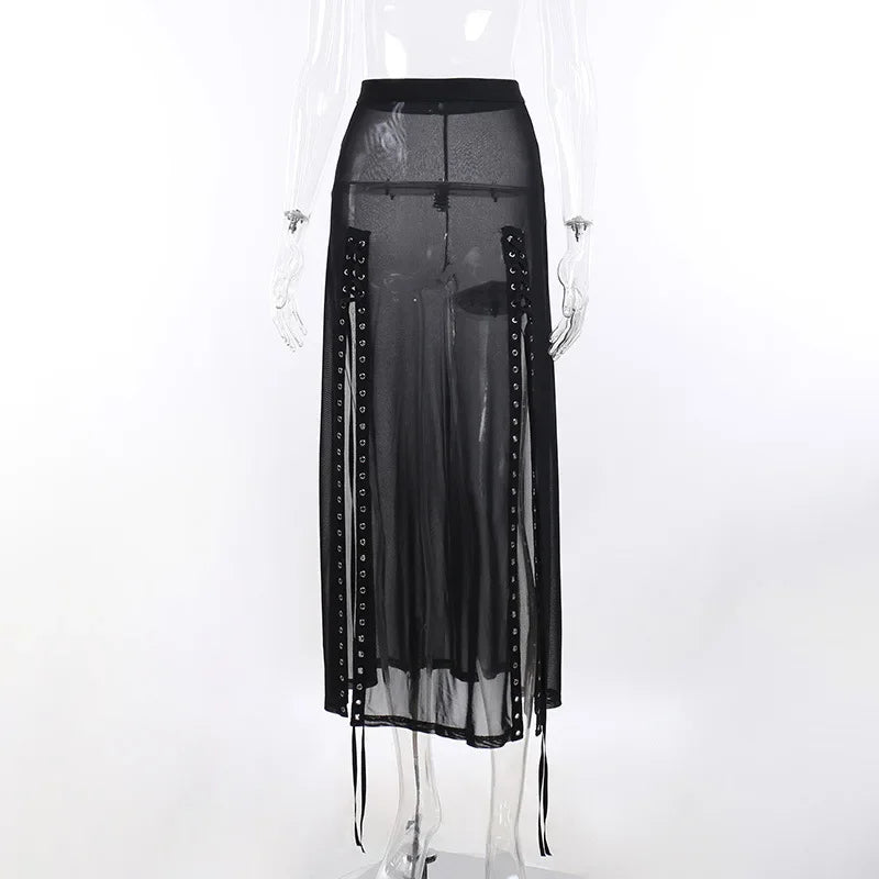 Women’s Goth Mesh Skirt – Side Slit, Lace-Up, Punk Gothic Dark Faldas, Thin Summer Look