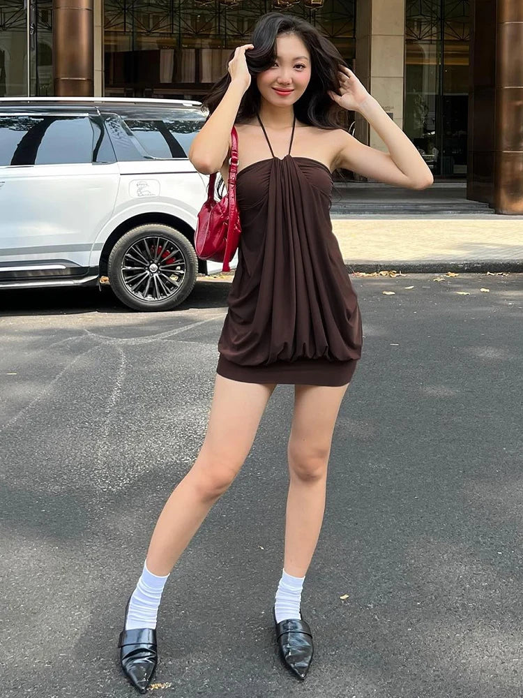 Dulzura Sexy Mini Halter Ruched Backless Short Dress Solid Sleeveless Women Dresses Summer Lady Party Birthday Club Clothes Y2K