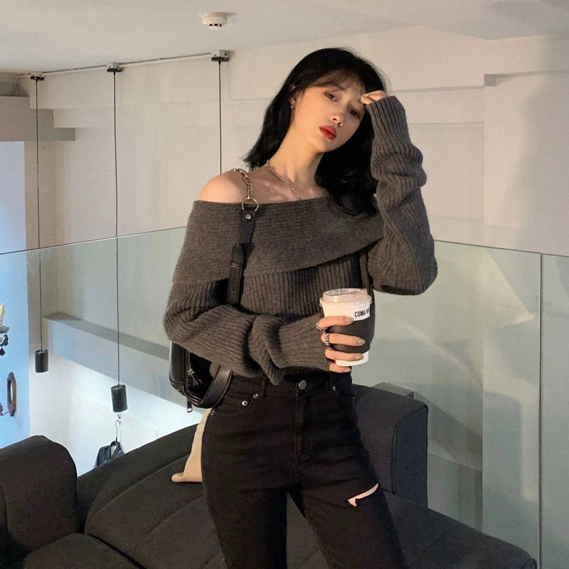 Lucyever Women’s Slash Neck Knitted Sweater – Sexy Off-Shoulder Slim Fit Long Sleeve Pullover, Korean Elegant Thick Jumper for Autumn/Winter