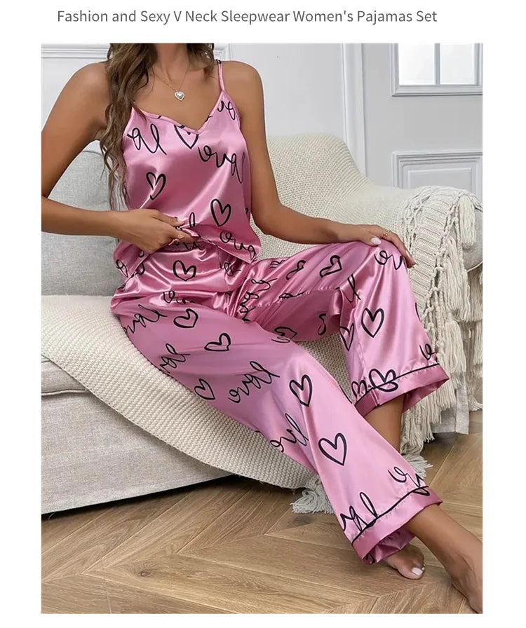 Women Letter Print Satin Pajama Set Chic V-Neck & Backless Cami Tops and Pants Pyjama 2 Pieces Soft Women's Sleepwear Loungewear