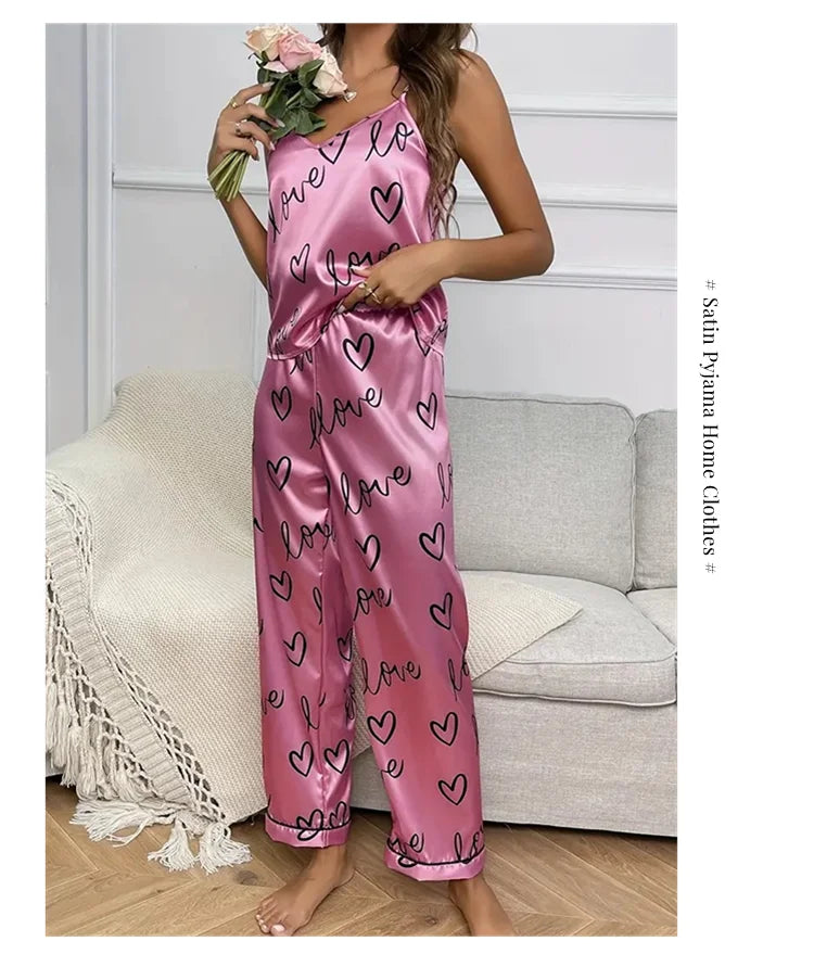Women Letter Print Satin Pajama Set Chic V-Neck & Backless Cami Tops and Pants Pyjama 2 Pieces Soft Women's Sleepwear Loungewear