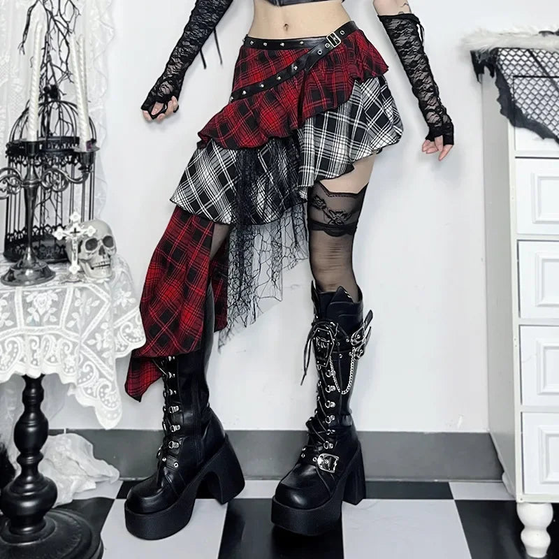 Gothic Plaid Mini Skirt – Y2K Punk Rock High Waist Irregular Skirt with Lace Detail