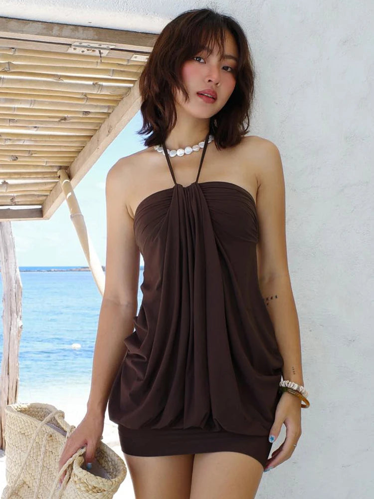 Dulzura Sexy Mini Halter Ruched Backless Short Dress Solid Sleeveless Women Dresses Summer Lady Party Birthday Club Clothes Y2K