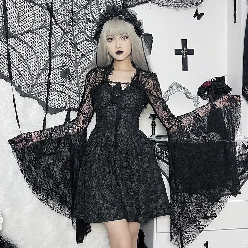 Lobovootd Gothic Lace Mesh Shrug Cardigan – Long Sleeve Cropped Top for Cosplay, Harajuku, and Streetwear Fashion
