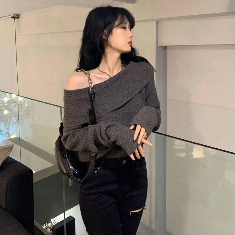 Lucyever Women’s Slash Neck Knitted Sweater – Sexy Off-Shoulder Slim Fit Long Sleeve Pullover, Korean Elegant Thick Jumper for Autumn/Winter