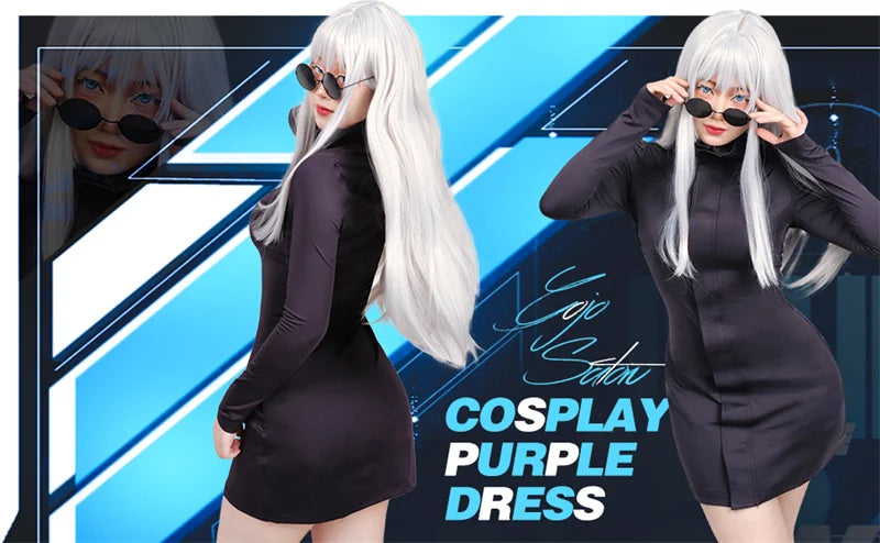 Gojo Satoru Cosplay Costume for Women – WENHAM Purple Dress with Glasses, Anime Party & Halloween Outfit