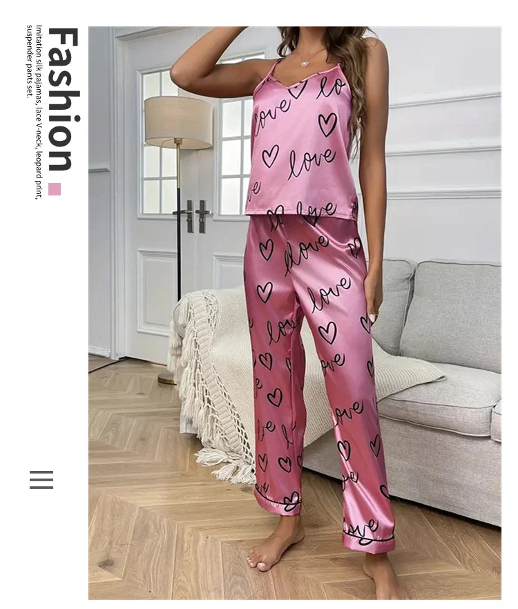 Women Letter Print Satin Pajama Set Chic V-Neck & Backless Cami Tops and Pants Pyjama 2 Pieces Soft Women's Sleepwear Loungewear